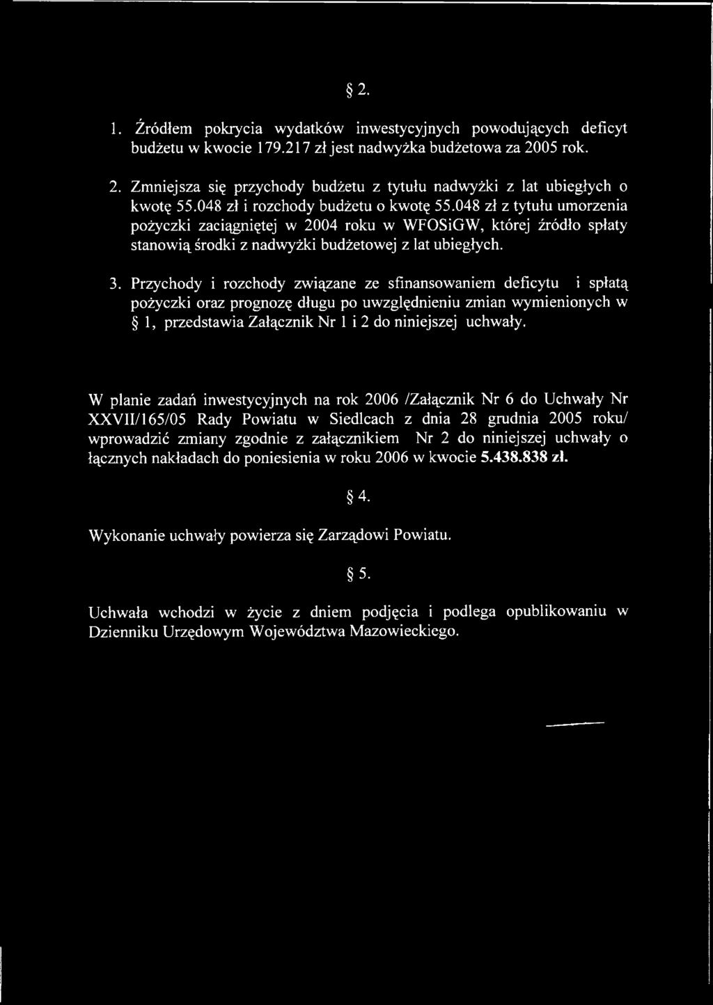 048 zł z tytułu umorzenia pożyczki zaciągniętej w 2004 roku w WFOSiGW, której źródło spłaty stanowią środki z nadwyżki budżetowej z lat ubiegłych. 3.