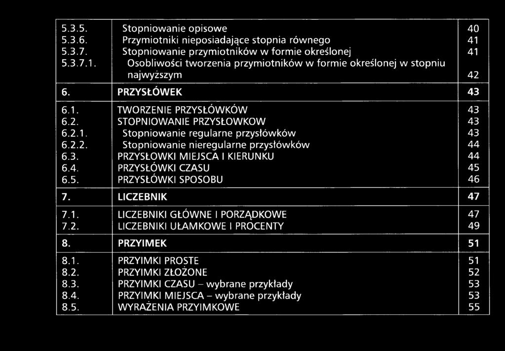 PRZYSŁÓWEK 43 6.1. TWORZENIE PRZYSŁÓWKÓW 43 6.2. STOPNIOWANIE PRZYSŁÓWKÓW 43 6.2.1. Stopniowanie regularne przysłówków 43 6.2.2. Stopniowanie nieregularne przysłówków 44 6.3. PRZYSŁÓWKI MIEJSCA I KIERUNKU 44 6.