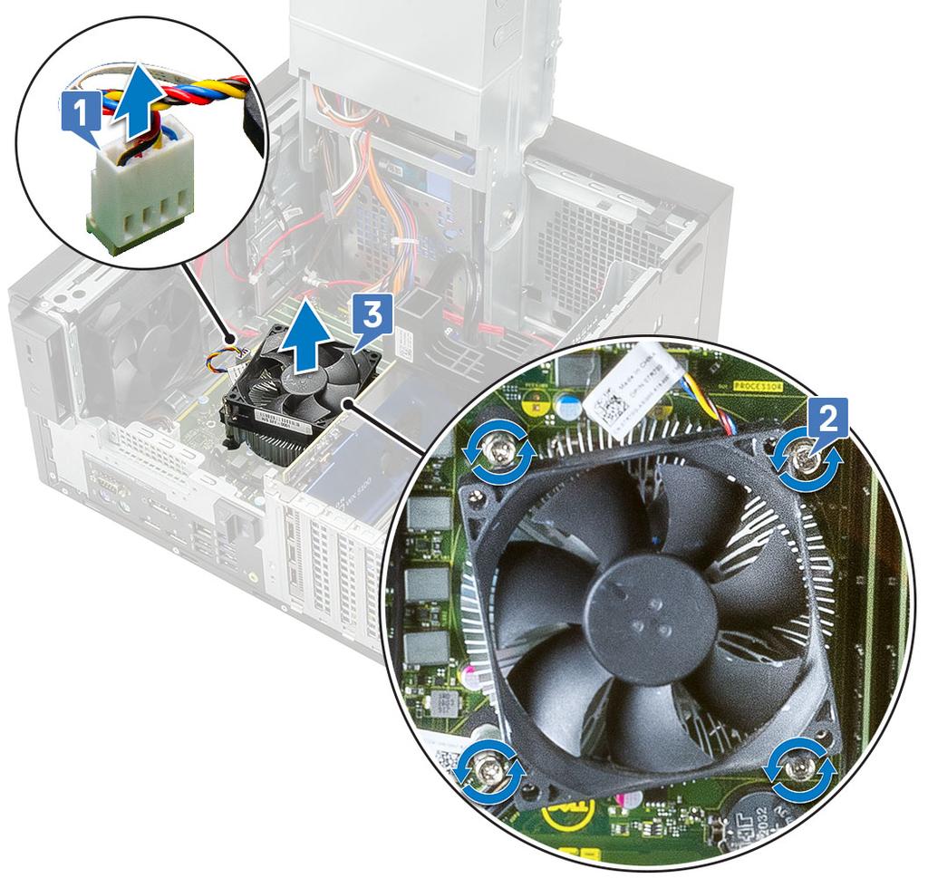 Instalowanie zestawu radiatora 65 W lub 80 W 1 Wyrównaj zestaw radiatora z uchwytami śrub na płycie systemowej i umieść go na procesorze [1].