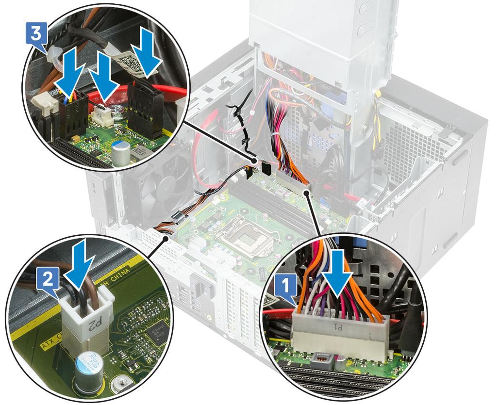 5 Umieść i podłącz następujące kable: Kabel złącza zasilania płyty systemowej [1] Kabel zasilania CPU [2] Kabel wentylatora systemowego, kabel czujnika otwarcia obudowy i kabel panelu IO [3] 6