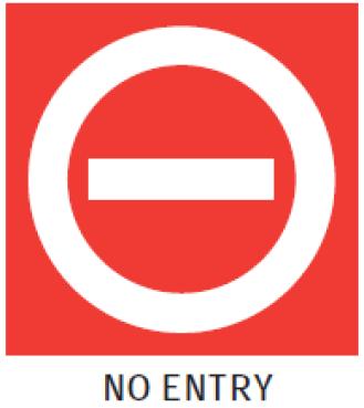 Znak NO ENTRY należy instalować na początku strefy, do której wjazd jest zabroniony, po obu stronach drogi kołowania tak, aby był widoczny przez pilota.