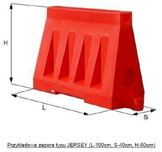 bariery drogowe typu JERSEY o wysokości 50 lub 60 cm, ustawiane w odstępach nieprzekraczających 7,5 m, naprzemiennie w kolorach czerwonym i białym, w linii znaków NO ENTRY dla prac prowadzonych w