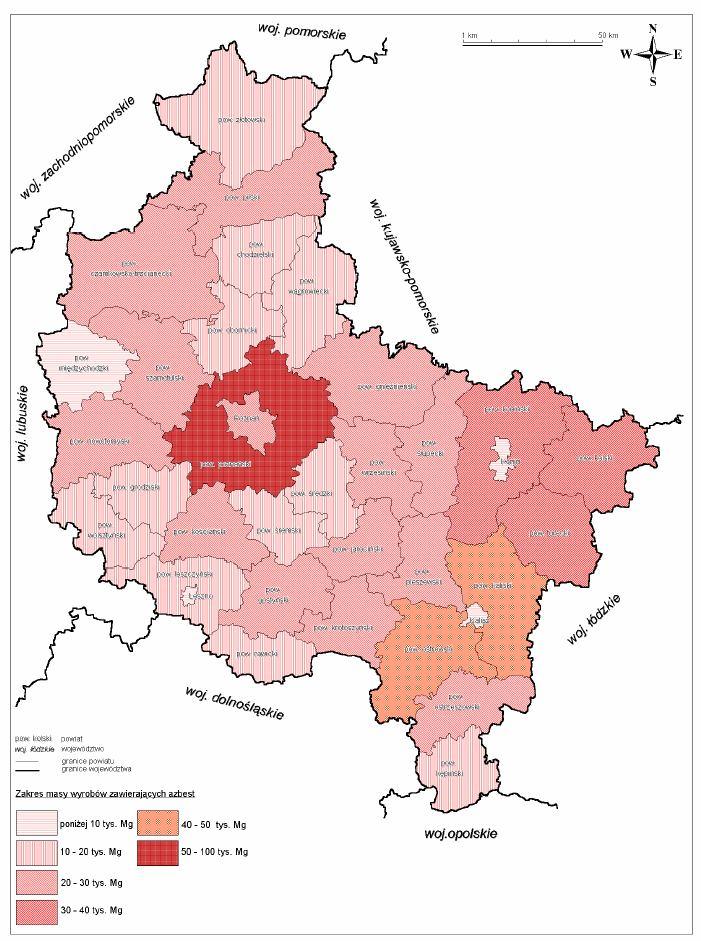 Mapa 2. Ilość wyrobów zawierających azbest w układzie powiatowym.