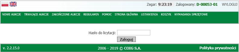 pojawia się dalej to samo okno z hasłem do licytacji - oznacza to, że podawane jest niewłaściwe hasło - w takiej sytuacji należy wygenerować nowe hasło, szczegóły znajdują się w instrukcji obsługi