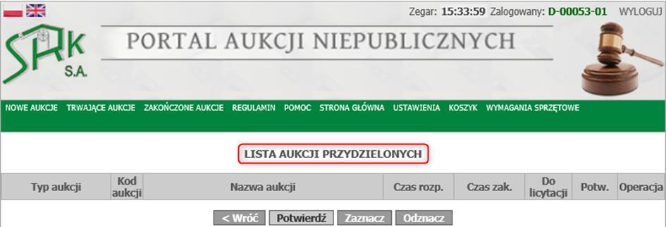 Kolejnym krokiem jest przejście na zakładkę Nowe aukcje - Wszystkie aukcje, gdzie pokazane są czasy rozpoczęcia wszystkich ogłoszonych aukcji.