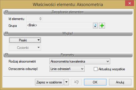 Aksonometria Rys. 103. Okno właściwości elementu Aksonometria Grupa kontrolek Parametry Rodzaj aksonometrii w rozwijalnej liście użytkownik ma do wyboru cztery rodzaje aksonometrii.