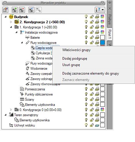 Opis elementów programu Po zaznaczeniu na drzewku elementów w oknie menadżera kondygnacji w dolnej części okna znajduje się multischowek.