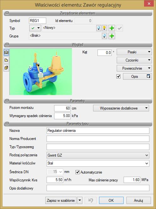Opis i edycja obiektów Rys. 61. Okno właściwości elementu Zawór regulacyjny Grupa kontrolek Parametry Wymagany spadek ciśnienia wartość wpisywana przez użytkownika w podanych obok pola jednostkach.