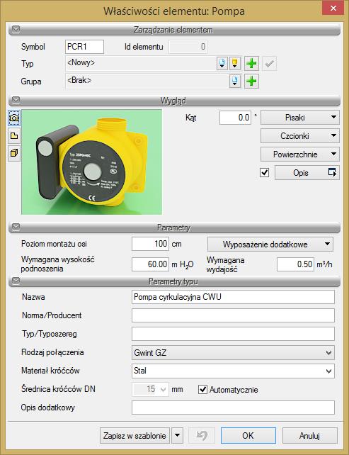 Opis i edycja obiektów Rys. 65. Okno właściwości elementu Pompa Grupa kontrolek Parametry Wymagana wysokość podnoszenia wartość wpisywana przez użytkownika w podanych obok pola jednostkach.