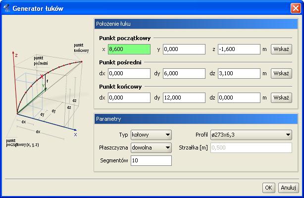 Tworzenie przykładowej konstrukcji Rys. 5.6 Generator łuków Umożliwia on tworzenie łuków kołowych oraz parabolicznych, składających się z zadanej ilości segmentów.