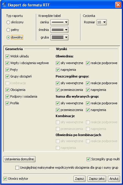 Podstawy Rys. 3.58 Eksport do formatu RTF Parametry raportu określa się w oknie Eksport do formatu RTF wywoływanym z menu Plik Raport obliczeń lub z głównego paska narzędziowego programu.