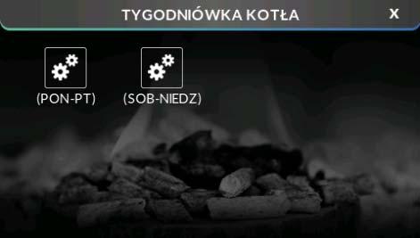 Przykład: ZADANE Godzina Temperatura nastawa sterowania tygodniowego (+/ ) Poniedziałek 4 00 7 00 +5 C 7 00 14 00 10 C 17 00 22 00 +7 C W tym przypadku jeżeli temperatura zadana na kotle wynosi 50 C