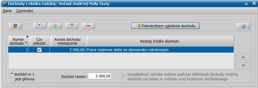 Na oknie dochodów należy wprowadzić dochód i skorzystać z przycisku Potwierdzam ustalenie dochodu.