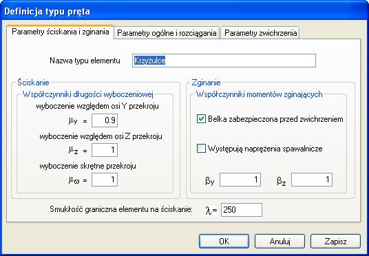 2.3 PARAMETRY TYPU ELEMENTU W oknie dialogowym Wymiarowanie stali wybieramy z listy Typ elementu i przypisujemy je do wymiarowanego pręta.