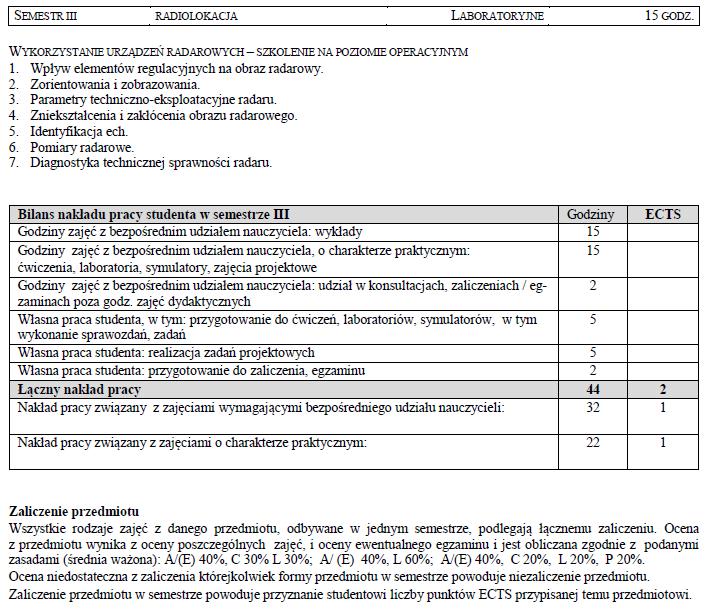 7. Warunki zaliczenia. 9. Literatura. Literatura podstawowa 2. Bole A. G., Radar and ARPA Manual, Butterworth-Heinmann Elsevier, Great Britain 2007. 9. Juszkiewicz W.