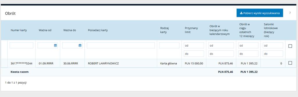 4.2 Moje Karty Obrót Funkcja Obrót pokazuje obrót w bieżącym roku kalendarzowym i obrót w ciągu 12 miesięcy na wybranych kartach oraz liczbę wykorzystanych wizyt w salonikach lotniskowych w bieżącym