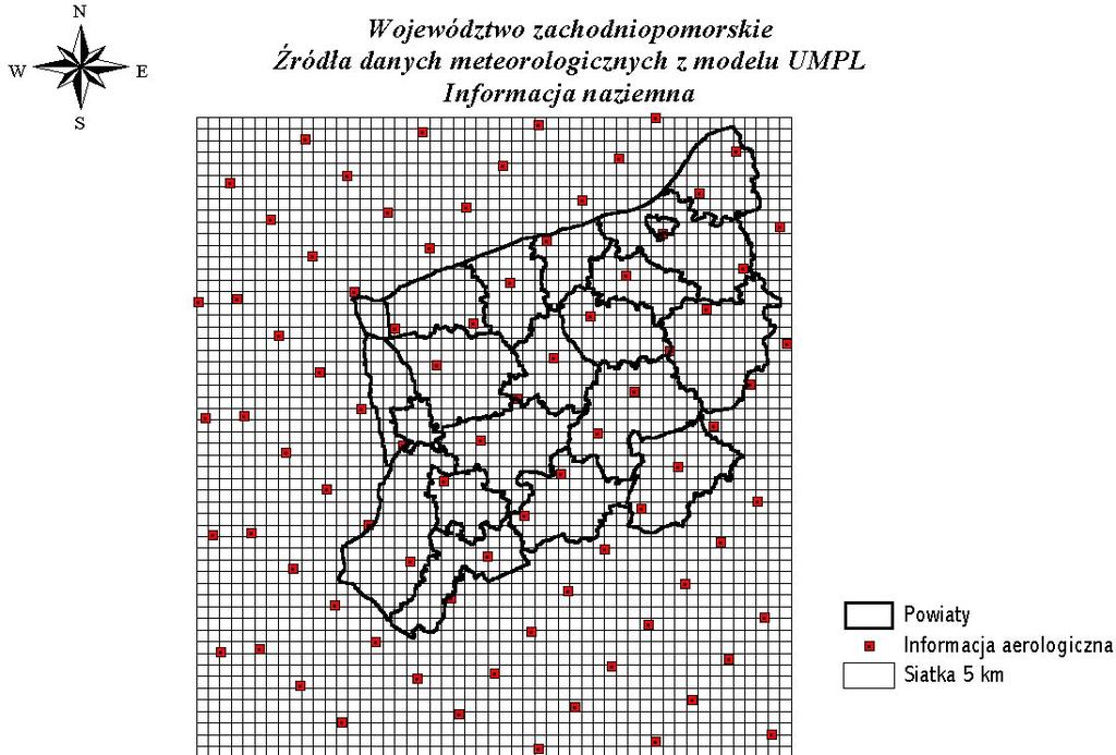 Rysunek 9.3. Rozieszczenie wirtualnych stanowisk eteorologicznych z inforacja aerologiczną według odelu UMPL (ICM) Tabela 9.2.