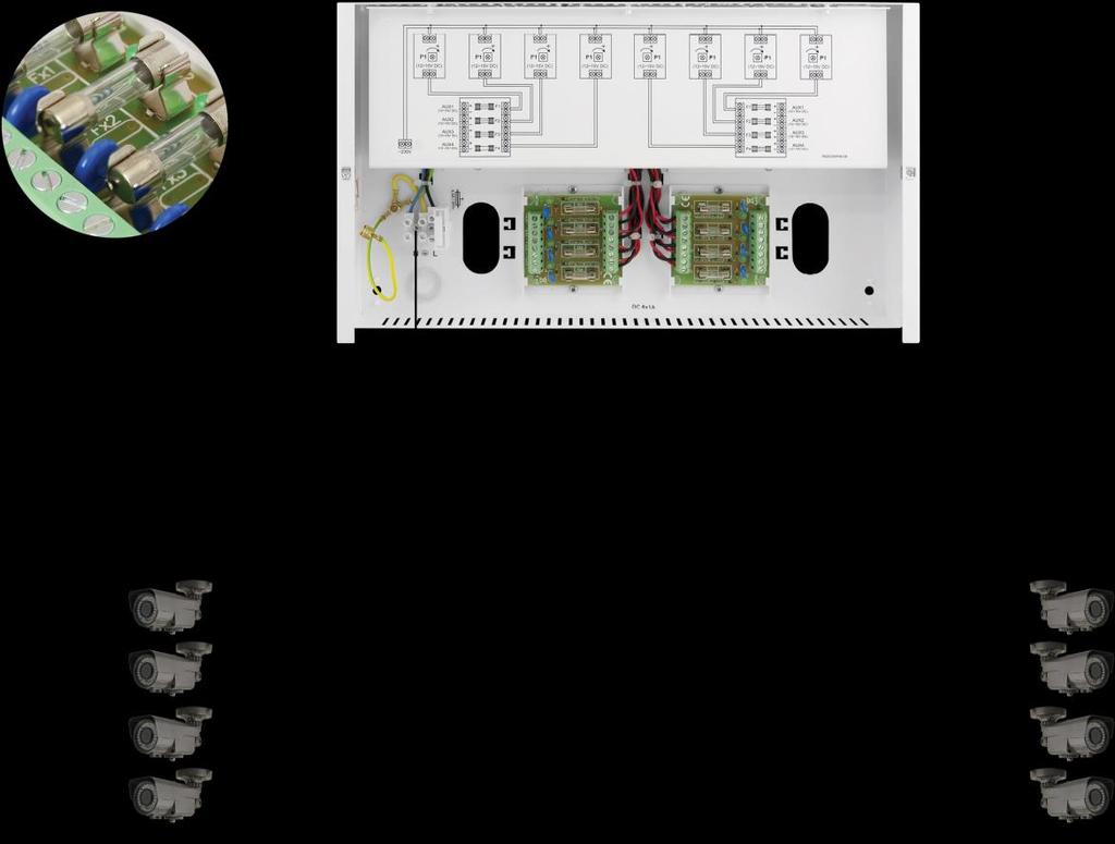 Cechy zasilacza: wyjście zasilania 8x1A/12V DC do kamer HD regulacja napięcia wyjściowego 12V 15V DC szeroki zakres napięcia zasilania 85 264V AC 8 niezależnych, odseparowanych galwanicznie wyjść 8