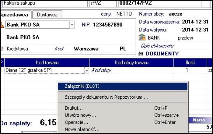 Uruchomienie dodatku Aby uruchomi dodatek w programie Handel nale y otworzy okno wybranej faktury zakupu lub dokumentu magazynowego.