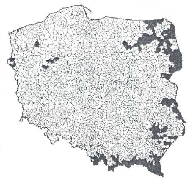 PODSUMOWANIE, cd. Zmiany rozmieszczenia wilka w latach 1975-2018 ~ 1975 r. Gatunek łowny 1998 r. Gatunek chroniony 2018 r. Wolsan i in. 1992, zmienione Okarma i in.