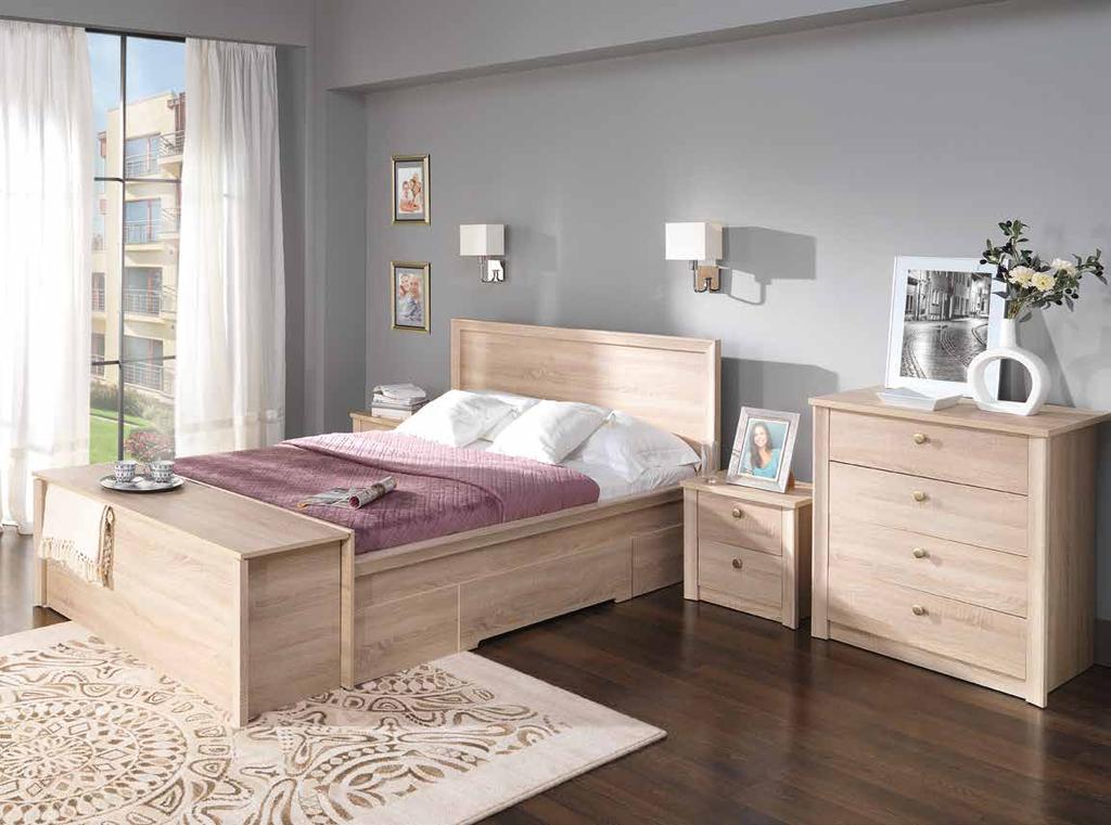 Wygodne łóżko z wysokim wezgłowiem wraz z praktyczną skrzynią na pościel to zestaw gwarantujący wysoki komfort codziennego wypoczynku.