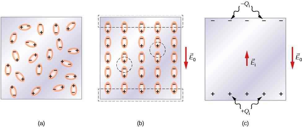 Dielektryk złożony z cząsteczek polarnych: (a) w sytuacji braku zewnętrznego pola elektrycznego; (b) w obecności zewnętrznego pola elektrycznego E 0.