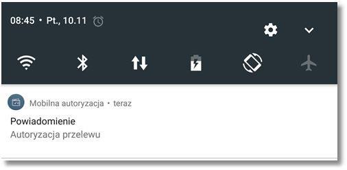 - Aplikacja mobilna wyświetla na urządzeniu mobilnym baner powiadomienia PUSH z informacją o oczekującym powiadomieniu autoryzacyjnym.