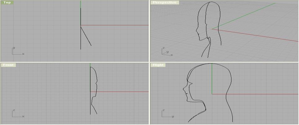 6 Ćwiczenie 3 Modelowanie w Rhino - zaawansowane modelowanie powierzchni. 3) Gotowe krzywe po jednej stronie głowy: Nast ę pnie za pomoc ą narz ę dzia Lustro odbicie krzywych po drugiej stronie.