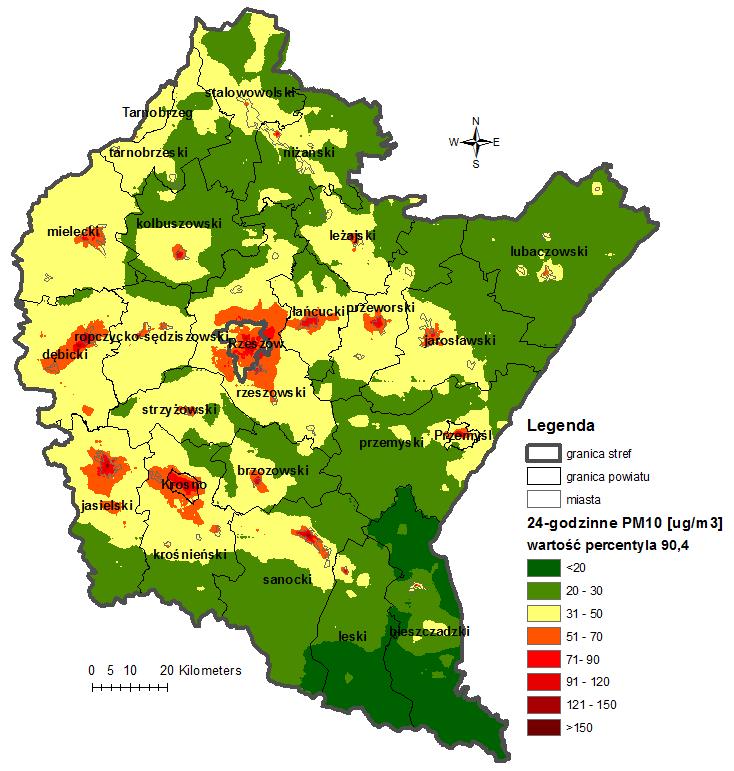 STAN ŚRODOWISKA W POWIECIE JASIELSKIM W 2013 R. 14 Rys. 3.1.3. Rozkład dobowych stężeń pyłu PM10 (percentyl 90,4) w województwie podkarpackim w 2013 r.