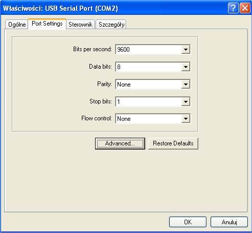 W zakładce Port Settings wybieramy