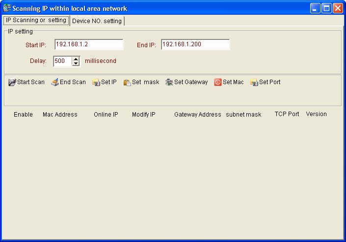 Uruchom program IPScan.exe dołączony na płytce z oprogramowaniem. Pierwszym krokiem jest przeskanowanie zakresu adresów w poszukiwaniu kontrolera.