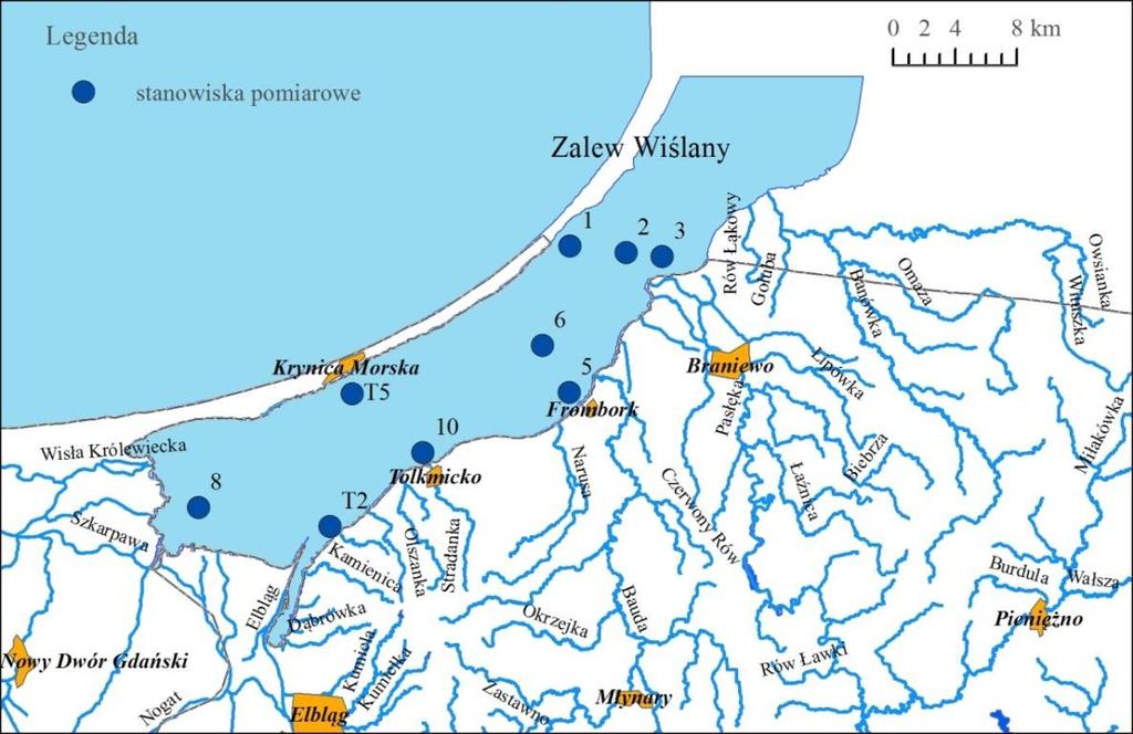 Ryc.2. Stanowiska pomiarowe badania jakości wód Zalewu Wiślanego w 7 r. Tabela. Współrzędne stanowisk pomiarowych badania jakości wód Zalewu Wiślanego w 7 r. L.p. Stanowisko Lokalizacja pomiarowe długość geogr.