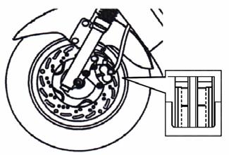 Sprawdzenie zacisków hamulcowych przednich Sprawdzenie ilości płynu hamulcowego w zbiorniczku Sprawdź klocki hamulcowe, jeżeli ilość Postaw skuter na równej powierzchni, sprawdź materiału ciernego
