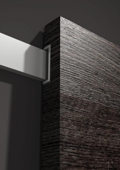 Innovative sliding system with amortised stopper for wooden doors.