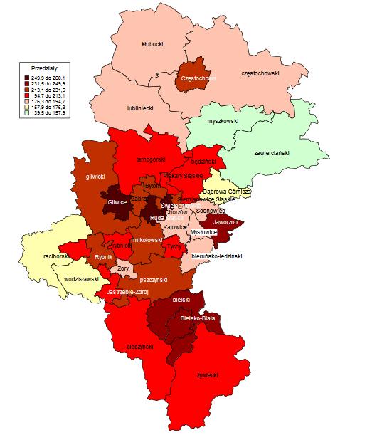 Ryc. 3. Standaryzowany współczynnik zachorowalności wśród kobiet na nowotwory złośliwe w 2015r. w województwie śląskim. Źródło: Motnyk M., Czajkowska E., Garmulewicz E., Kołosza Z.