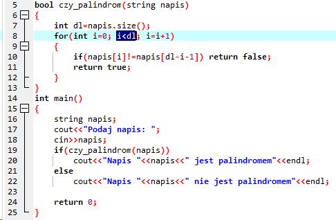 W powyższym programie funkcja czy_palindrom(string napis) sprawdza, czy podany jako parametr napis jest palindromem.