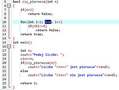 W powyższym programie funkcja czy_pierwsza(int n) sprawdza, czy podana jako parametr liczba jest liczbą pierwszą.