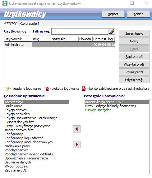 Użytkownicy programu Po instalacji programu jedynym zarejestrowanym jest użytkownik o nazwie Administrator (z pustym hasłem), który ma uprawnienia do wykonania wszystkich funkcji programu.