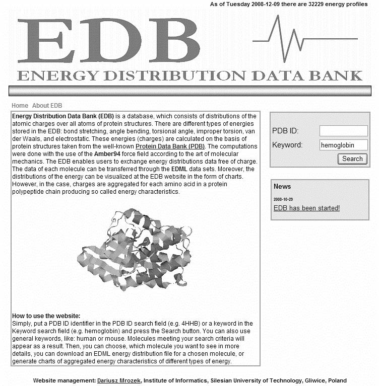 EDB Baza danych rozkładów energii potencjalnej białek 171 Rys. 6. Główna strona witryny EDB Fig. 6. The EDB website main page 4.2.