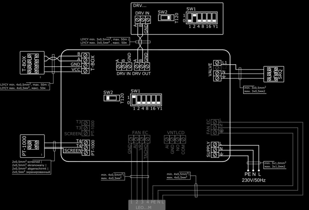 6.2. CONNECTION DIAGRAMS 6.2. SCHEMATY PODŁĄCZEŃ 6.2. ANSCHLUSSSCHEMA 6.2. СХЕМЫ ПОДКЛЮЧЕНИЯ M Angielski Przy podłączaniu modułów DRV do sterownika T-box lub systemu BMS konieczne jest binarne ustawienie adresu na przełączniku DIP-switch SW1.