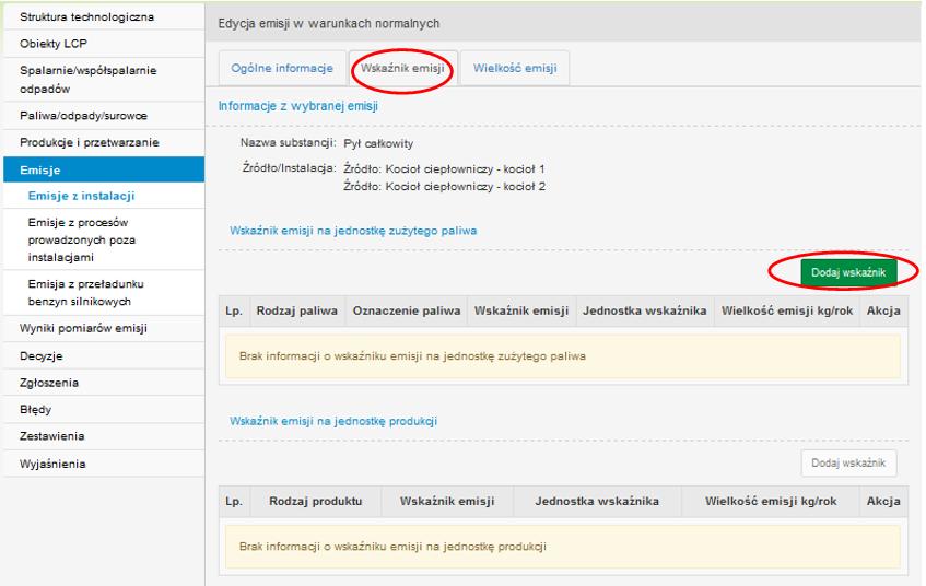 WSKAŹNIK EMISJI, gdzie dla omawianych instalacji spalania paliw należy w sekcji Wskaźnik emisji