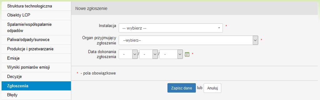 Po wpisaniu wymaganych informacji należy wcisnąć przycisk Zapisz dane w celu zatwierdzenia danych do bazy. Jeżeli wszystkie wymagane pola zostały wypełnione poprawnie formularz zostanie zapisany.