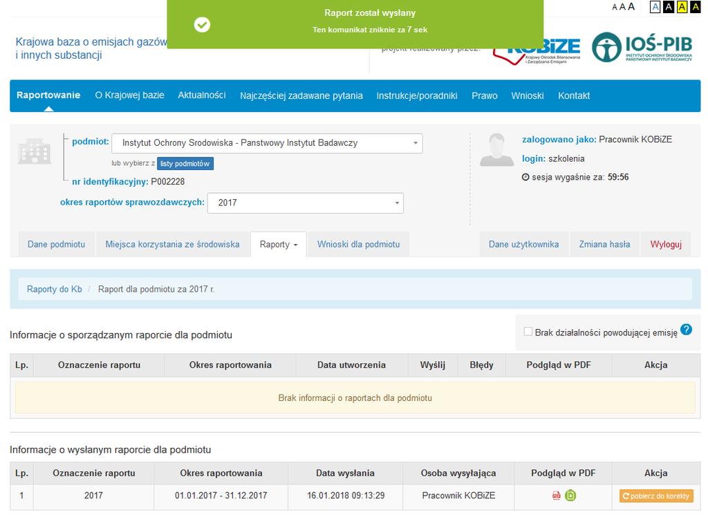 Wówczas (w przypadku, gdy nie zostaną przez system informatyczny Krajowej bazy wykryte błędy) raport zostanie przeniesiony do części Informacje o wysłanym raporcie dla podmiotu.