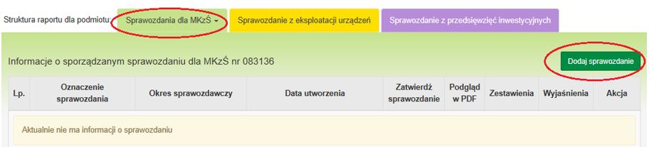 Wprowadzając do sprawozdania dla MKzŚ informacje o eksploatowanej instalacji do spalania paliw należy wypełnić następujące części: 1) STRUKTURA TECHNOLOGICZNA: zakładka INSTALACJE (w tej części