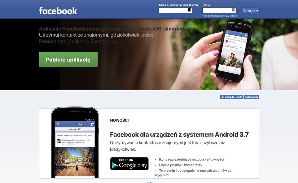 > Aplikacje mobilne Facebook dostępna na