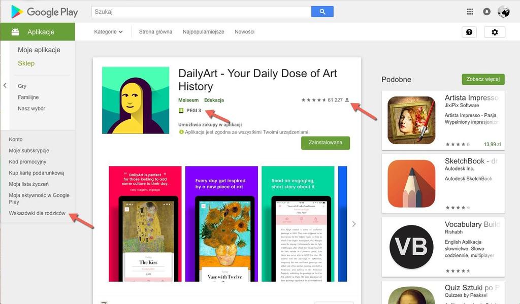 > Strona sklepu z aplikacjami Google Play ze wskazanymi oceną wieku (wg.