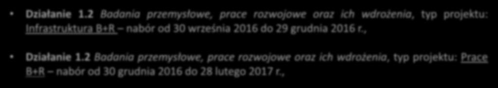 Ogłoszone / trwające konkursy w ramach osi I Działanie 1.2 Badania przemysłowe, prace rozwojowe oraz ich wdrożenia, typ projektu: Infrastruktura B+R nabór od 30 września 2016 do 29 grudnia 2016 r.