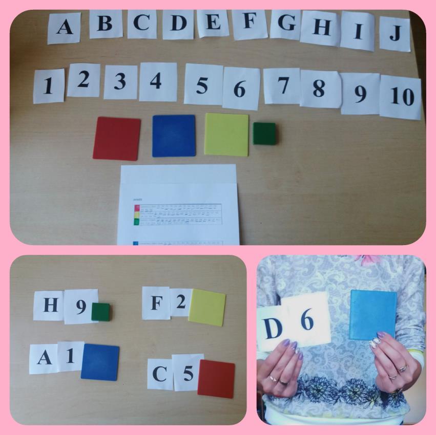 Misie Dzieci na przygotowanej planszy kolorowały kratki na kolor przypisany kombinacji odpowiednich liter i