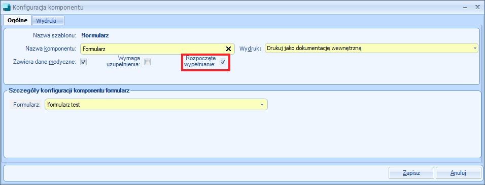 Aby zastosować funkcjonalność należy odznaczyć checkbox 'Rozpoczęte wypełnianie' na konfiguracji komponentu w module Administracja.