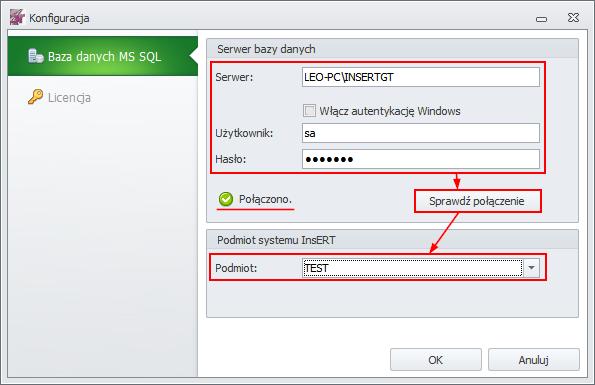 Domyślnie użytkownik serwera MS SQL to sa, a hasło do niego jest puste.